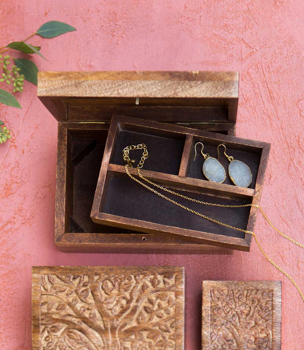 Jewelry storage box with earrings and a bracelet inside - jewelry box collection at Better World Bio