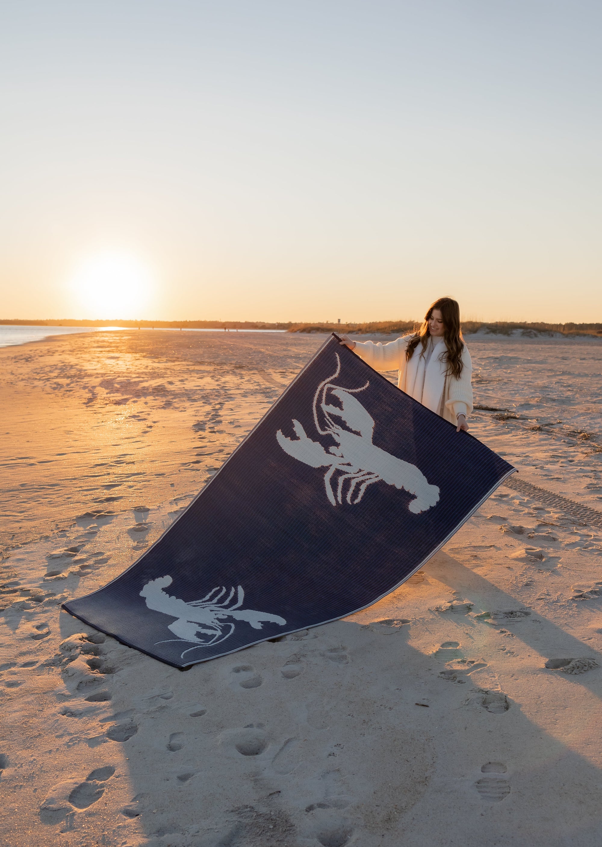 Handcrafted rug with a blue and white lobster design - rug collection at Better World Bio