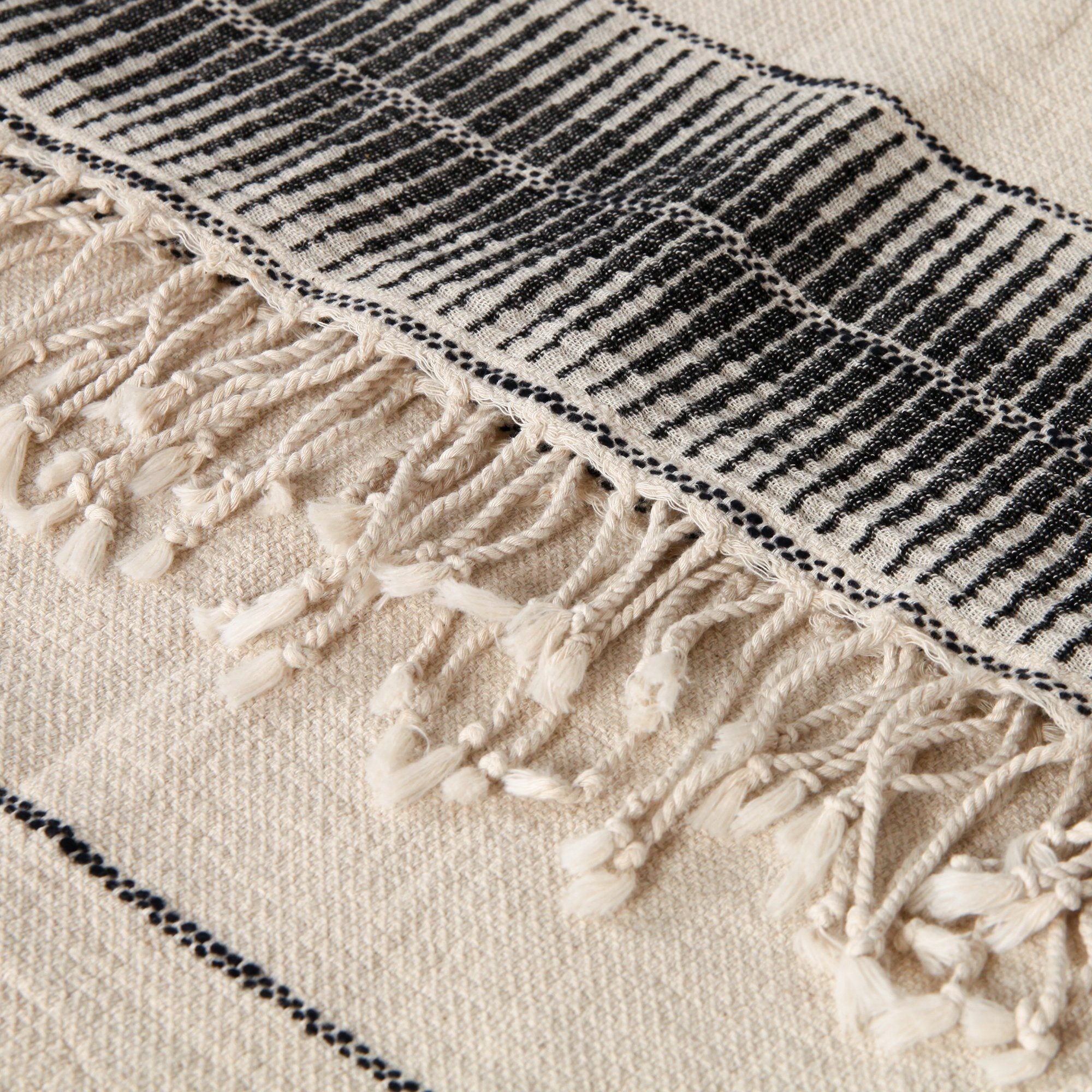Close-up of a textured rug with black and white pattern and fringes.