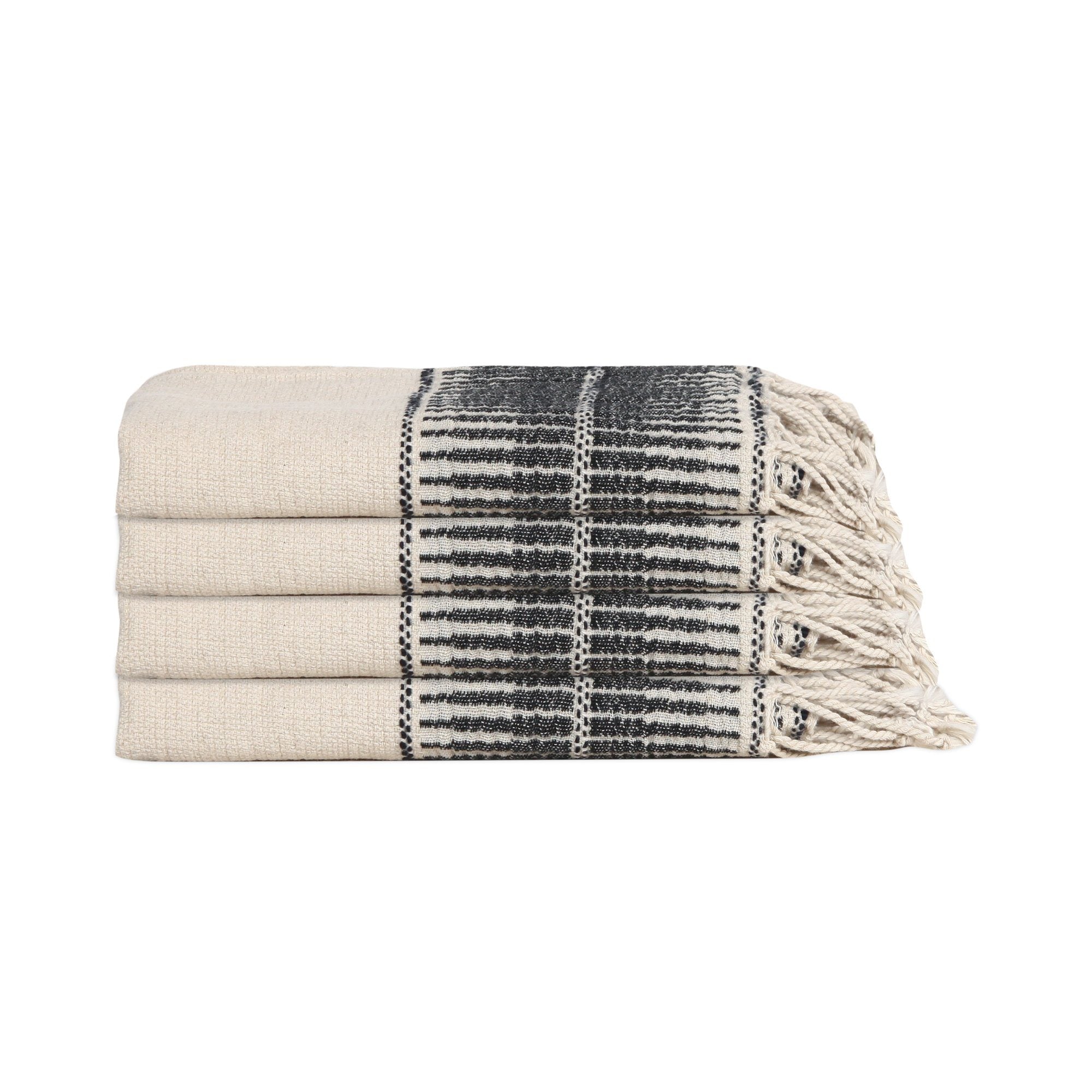Stack of folded towels with a plaid pattern on a white background