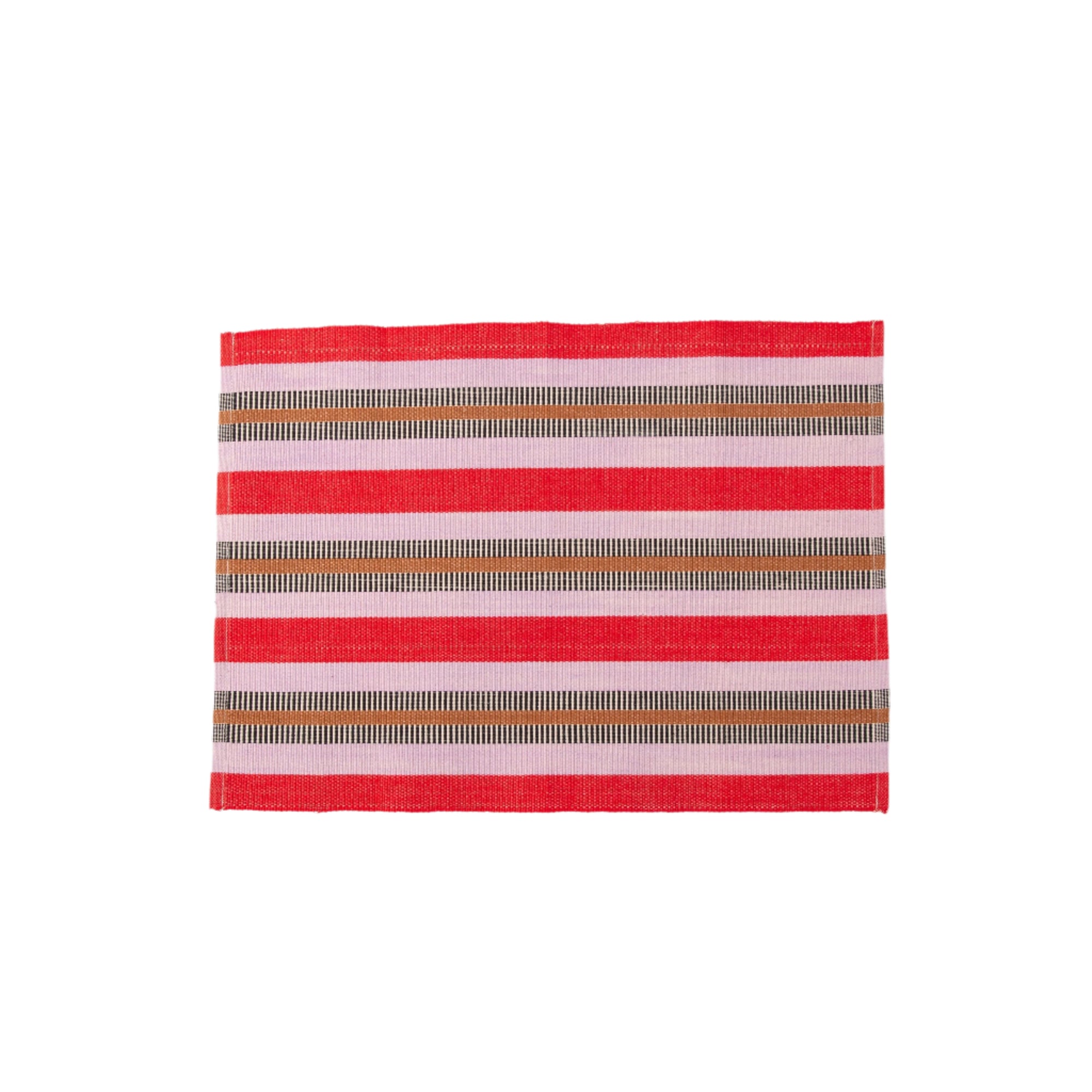 A red and white striped placemat with additional stripes in beige and brown colors