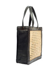 Classic Rattan and Black Leather Shoulder Tote