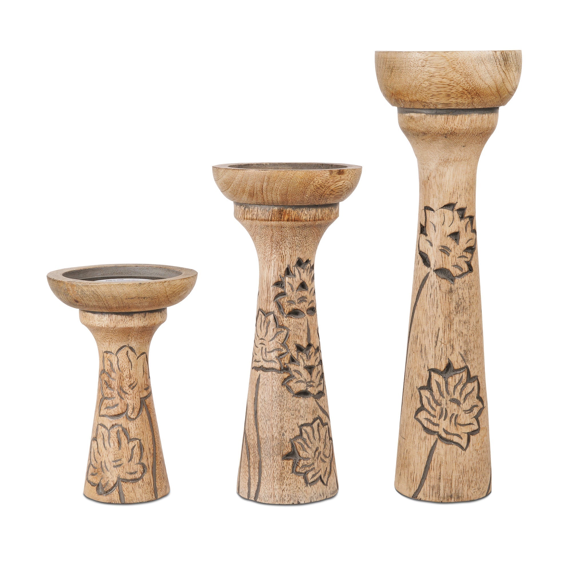 A set of three wooden pillar candleholders with lotus vine carvings, in varying sizes