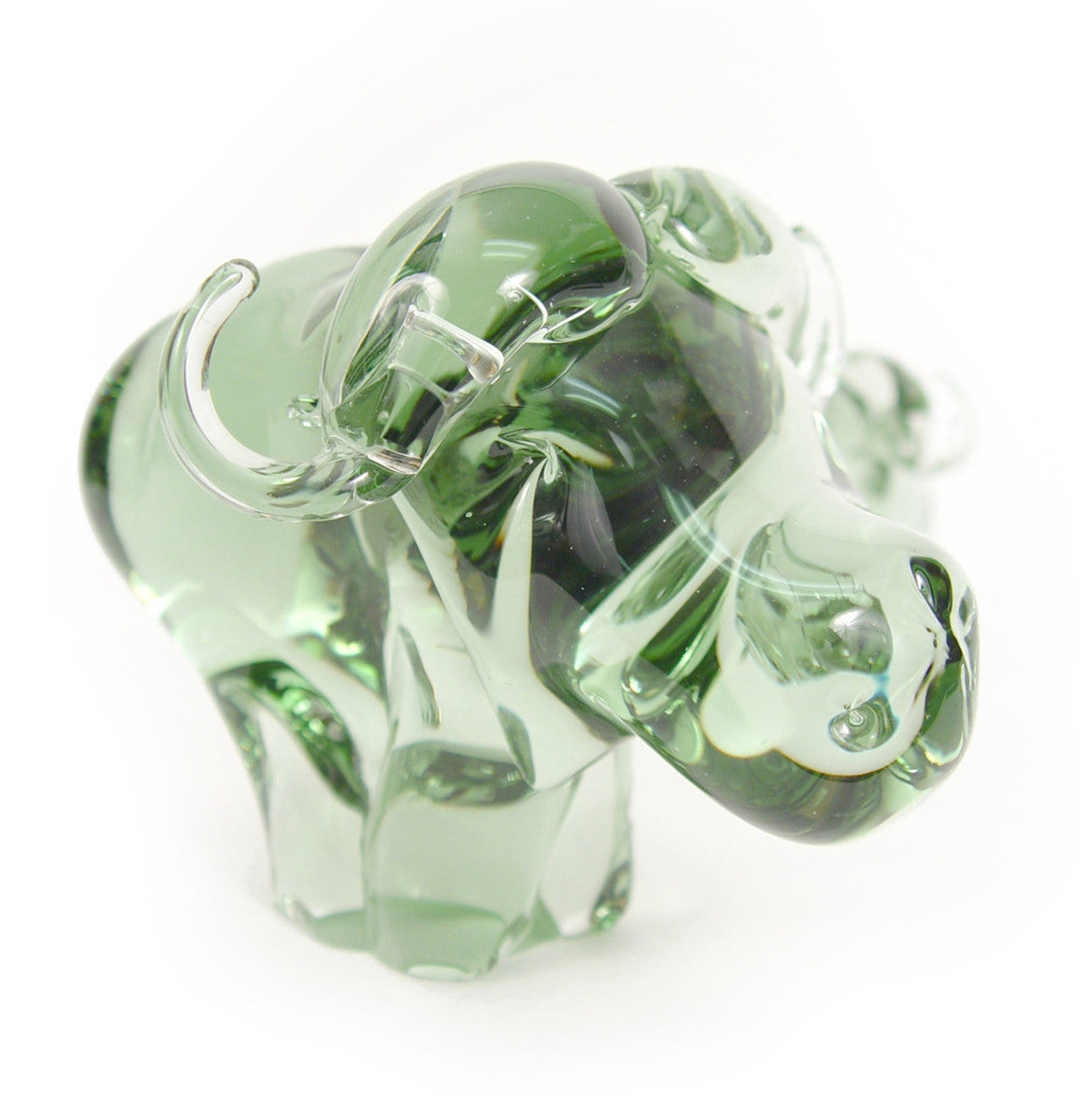 A handblown green recycled glass buffalo figurine