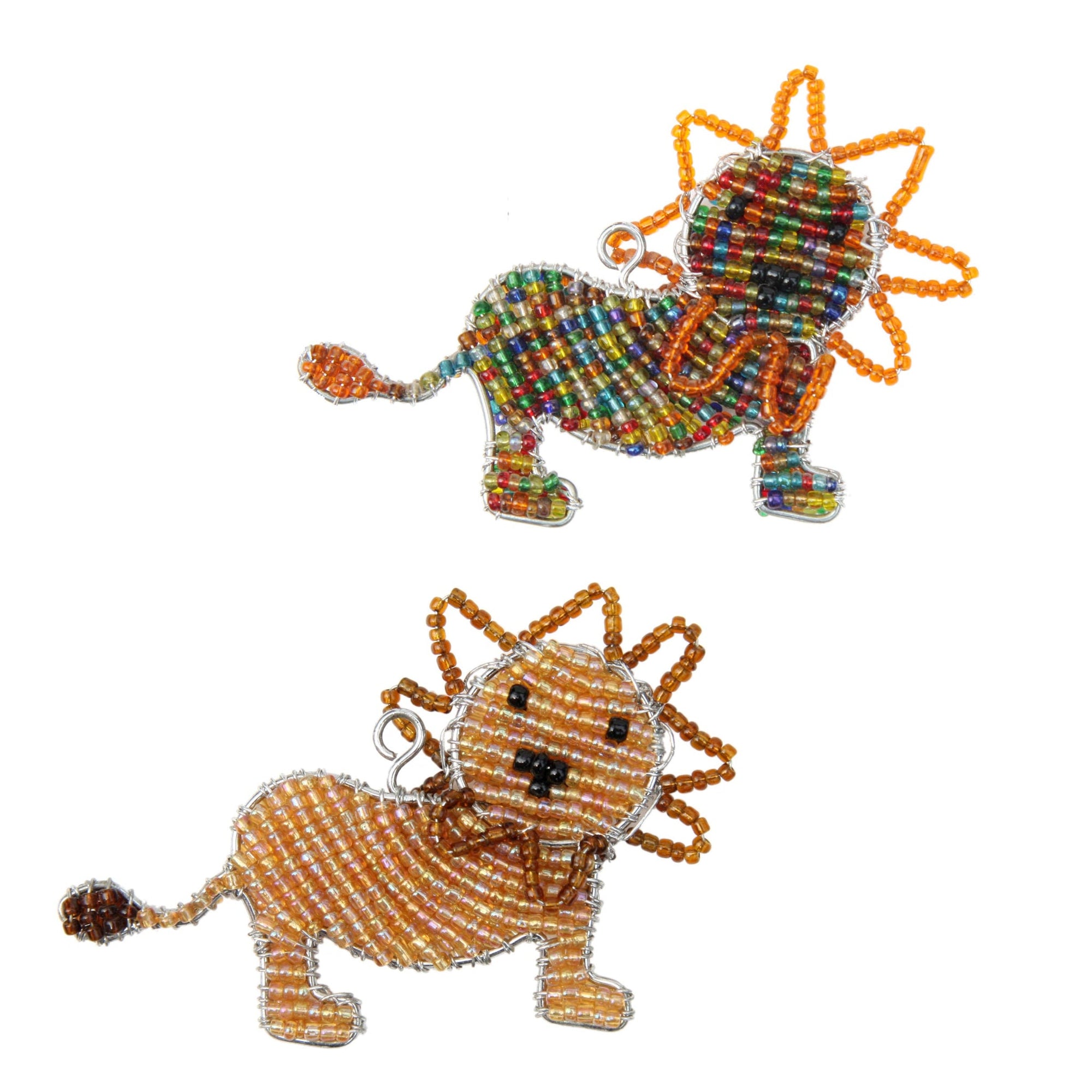 Two beaded lion keychains on a white background