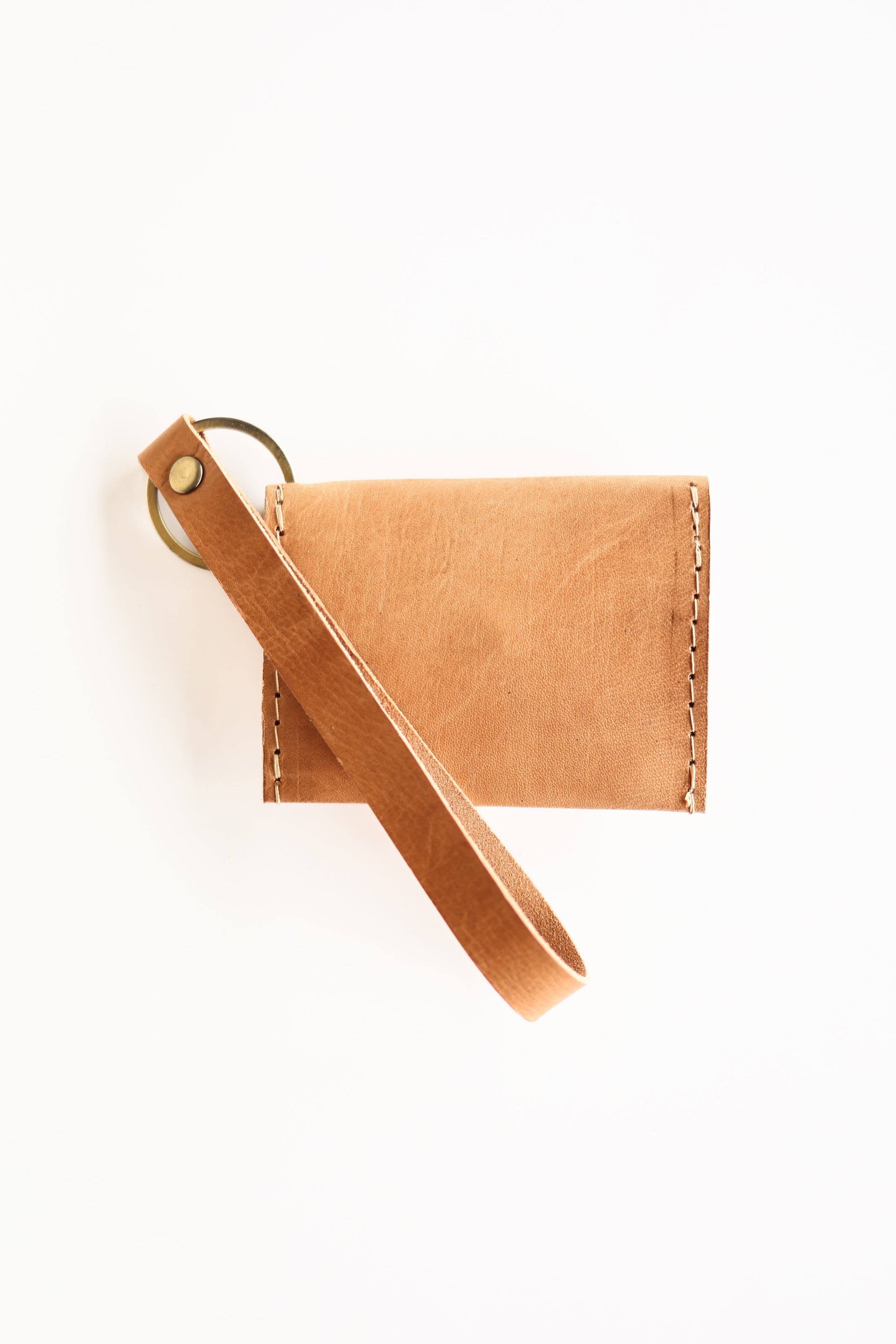 Brown leather keychain and cardholder on a white background