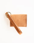 Brown leather keychain and cardholder on a white background