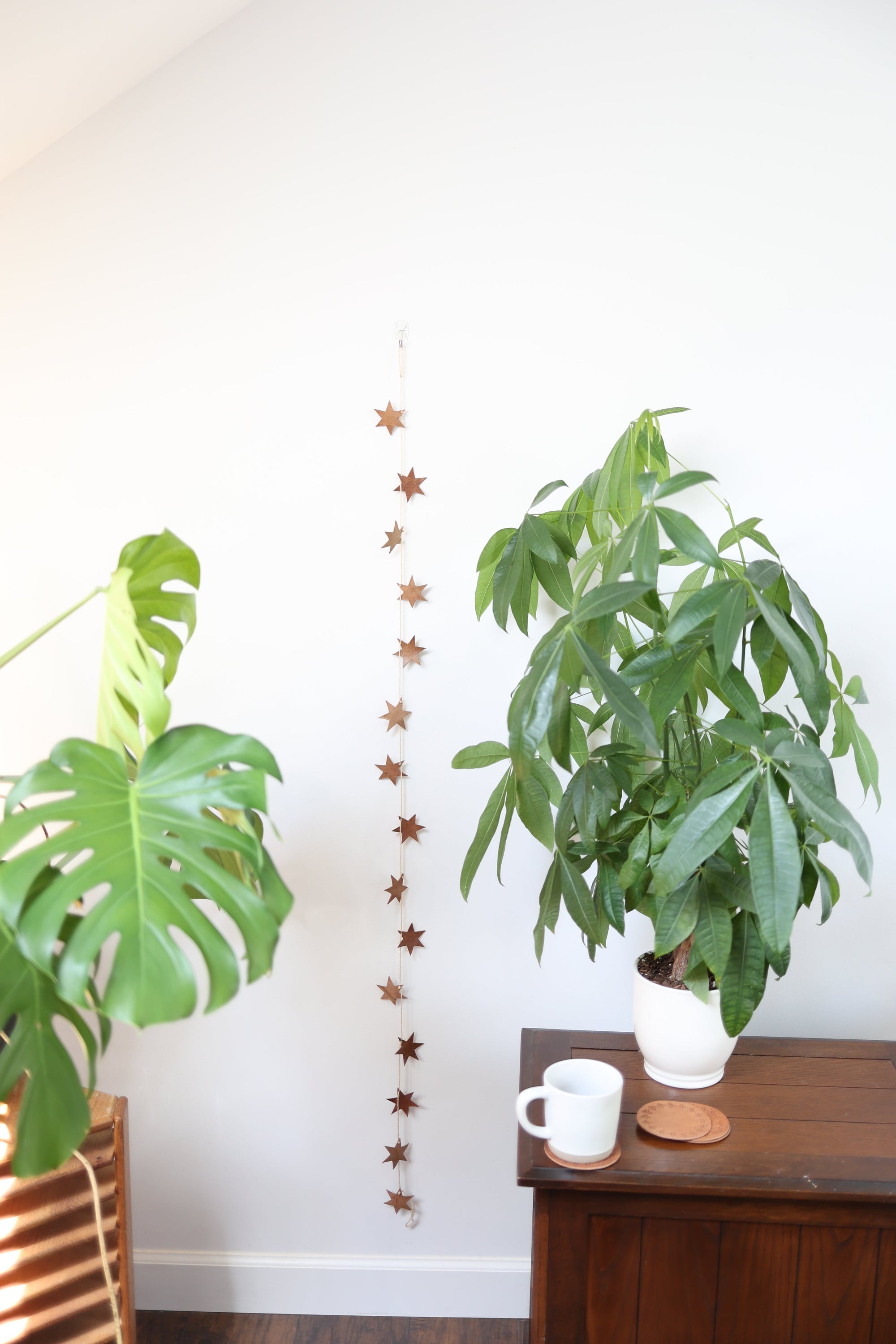 A garland made of brown leather stars strung together on a string hanging vertically on a wall behind plants