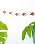 A garland made of brown leather stars strung together on a string hanging horizontally on a white wall behind plants