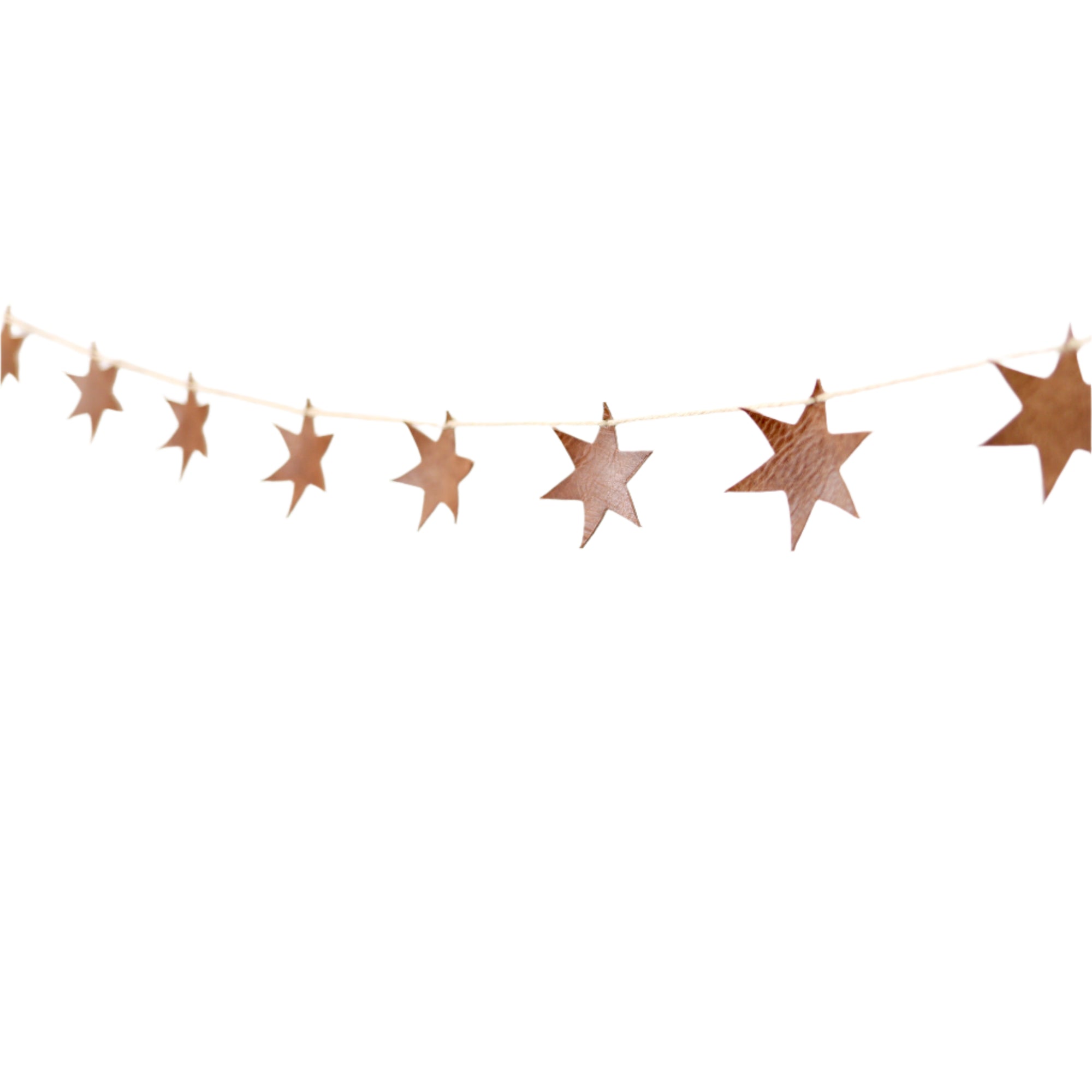 A garland made of brown leather stars strung together on a string