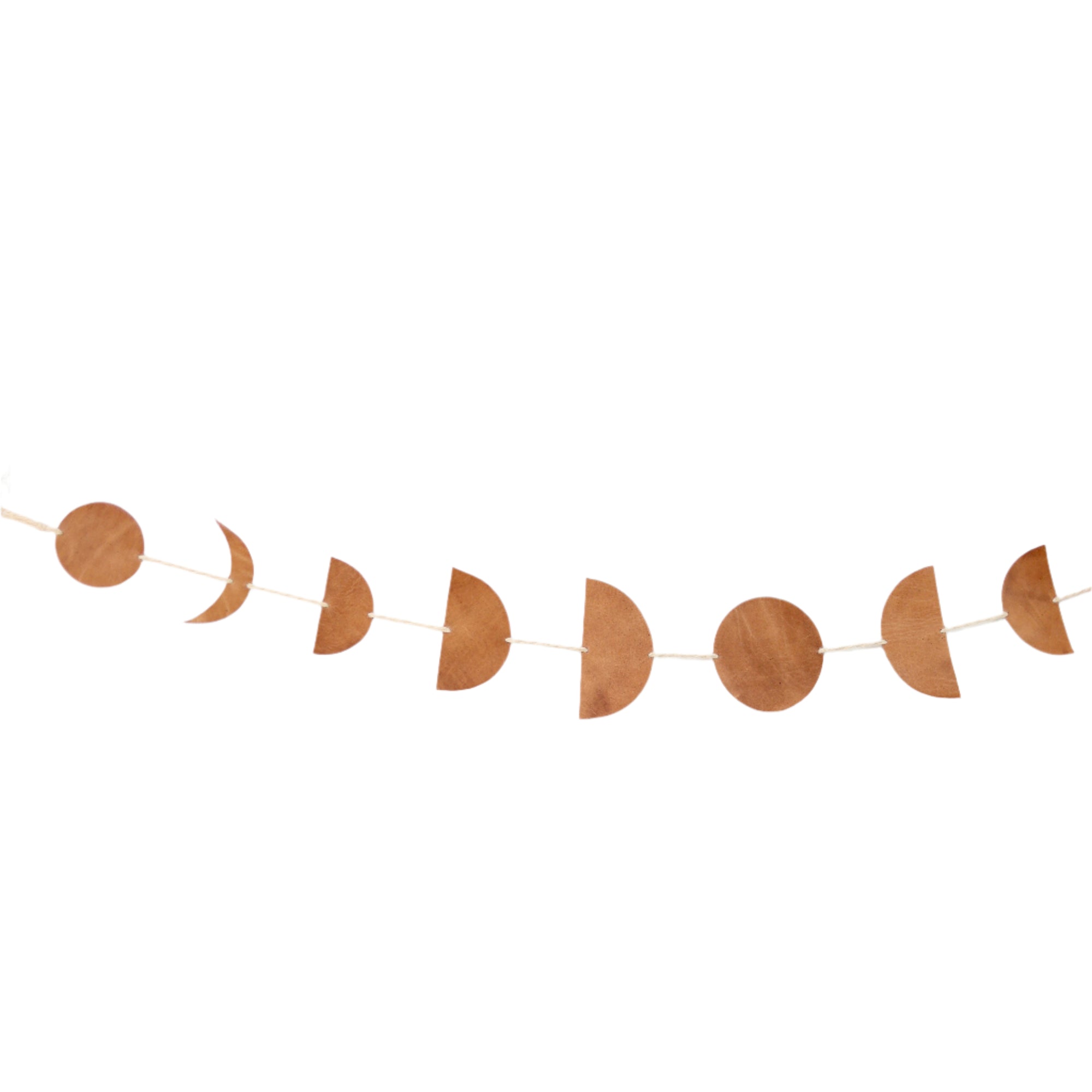 A garland featuring various phases of the moon made from brown leather, strung on a thread