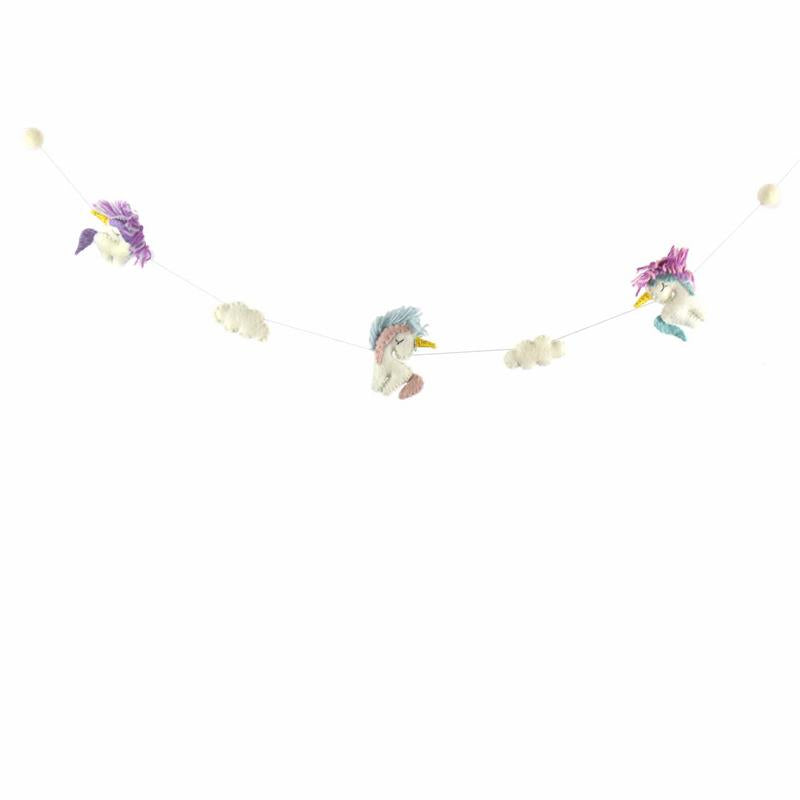 A hand-crafted felt garland featuring colorful unicorn shapes and pom poms, intended for nursery or kids' room decoration
