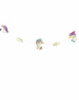 A hand-crafted felt garland featuring colorful unicorn shapes and pom poms, intended for nursery or kids' room decoration