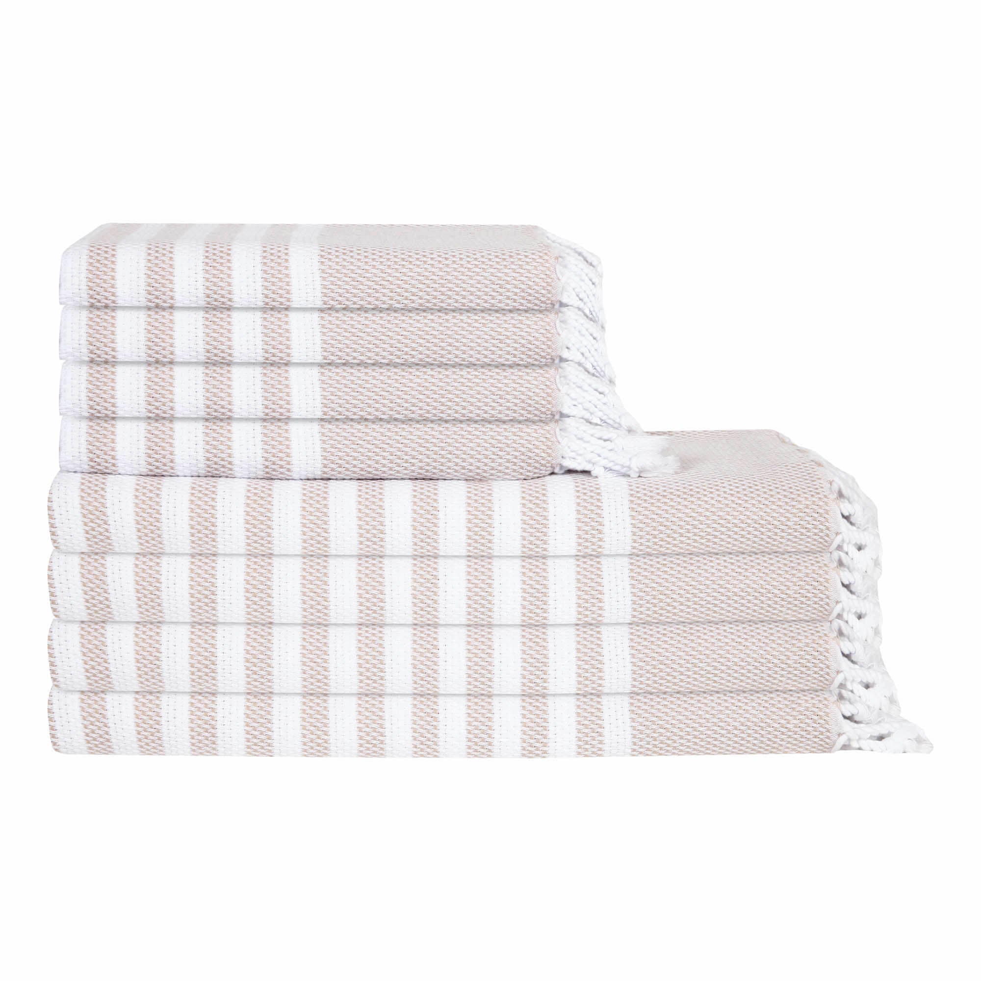 Stack of beige and white striped towels on a white background