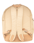 The backside of a beige and brown Cape Buffalo book bag with a large main compartment and a laptop sleeve, made from ripstop canvas with leather accents.