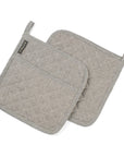 A pair of gray, upcycled cotton pot holders laid flat displayed against a white background