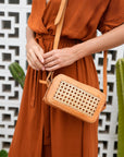 Scarlett Leather and Cane Crossbody Bag in Tan