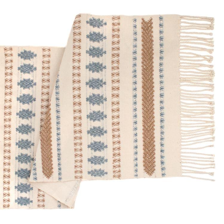 Table runner with geometric pattern and fringes on a white background