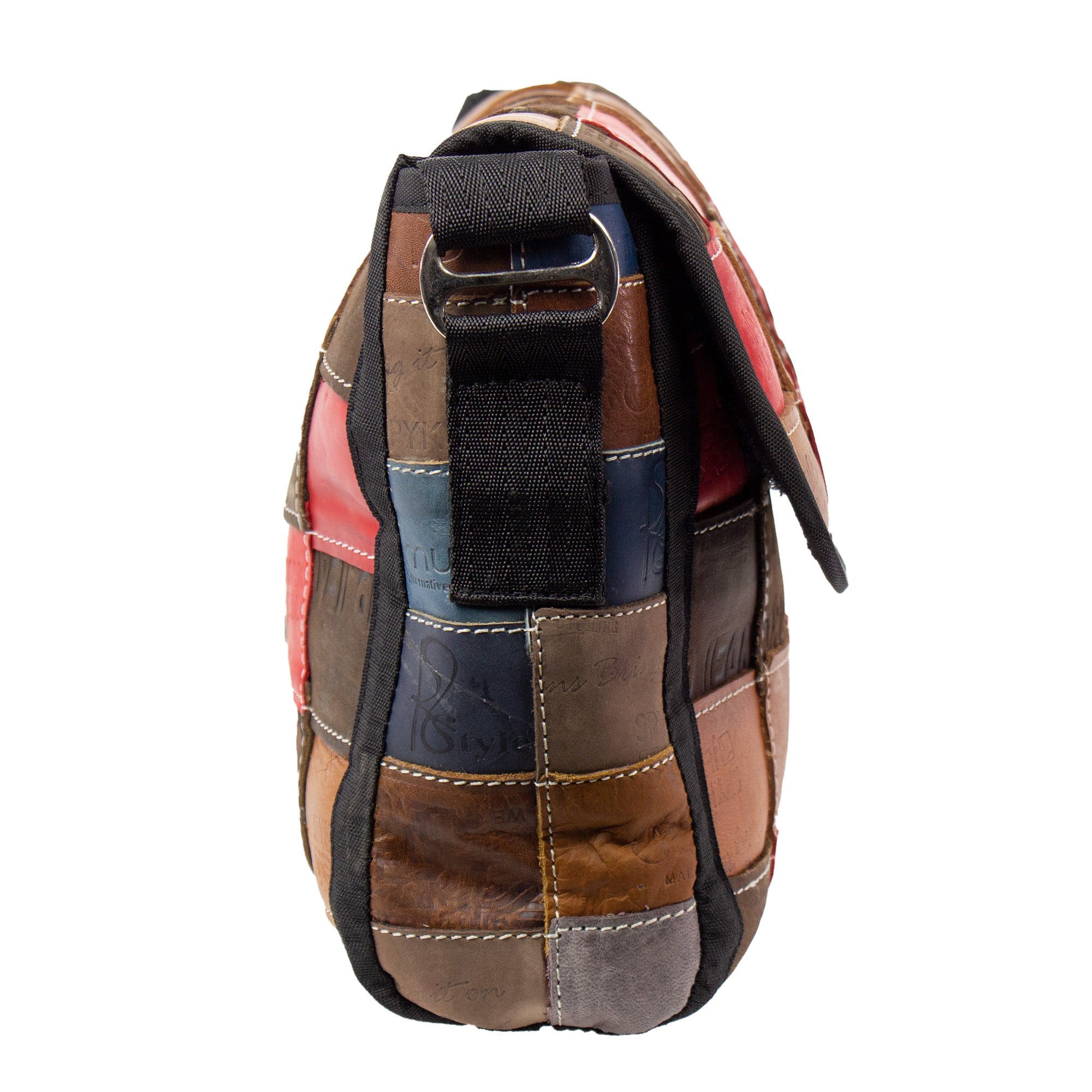 A side view of a crossbody bag with a patchwork design made from upcycled leather, featuring a black nylon strap and interior pockets, in brown, red, and blue colors.