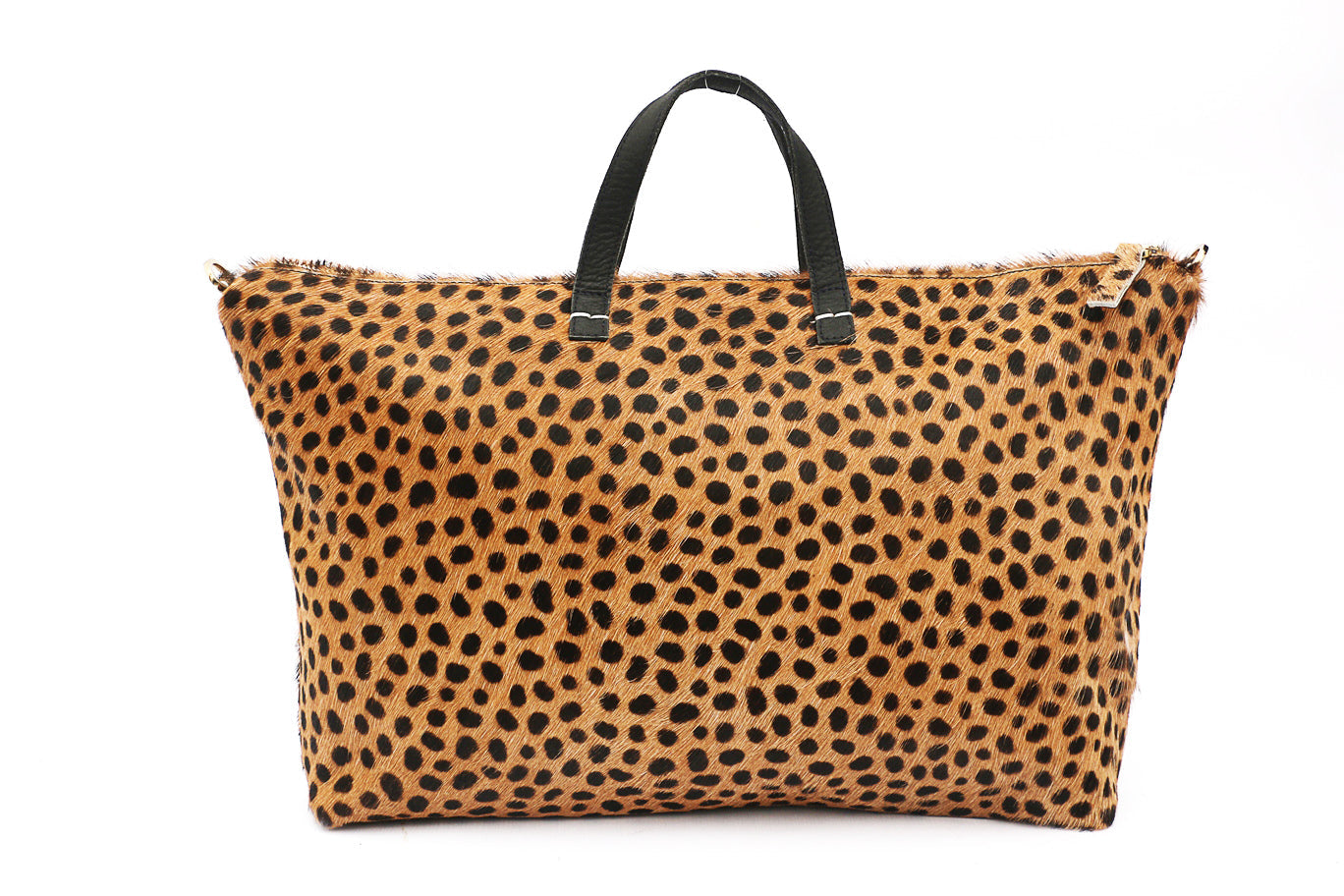 A leopard print hair-calf leather weekender bag with a roomy design and a black handle.