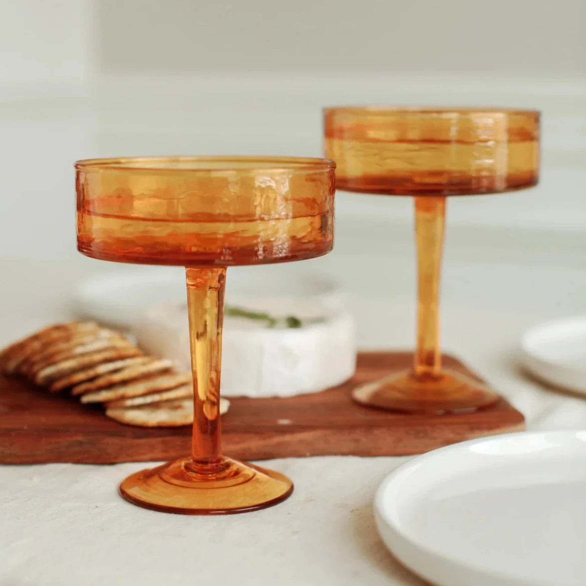 Handblown Hammered Coupe Amber Cocktail Glasses - Set of 4