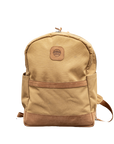 A beige and brown Cape Buffalo book bag with a large main compartment and a laptop sleeve, made from ripstop canvas with leather accents.
