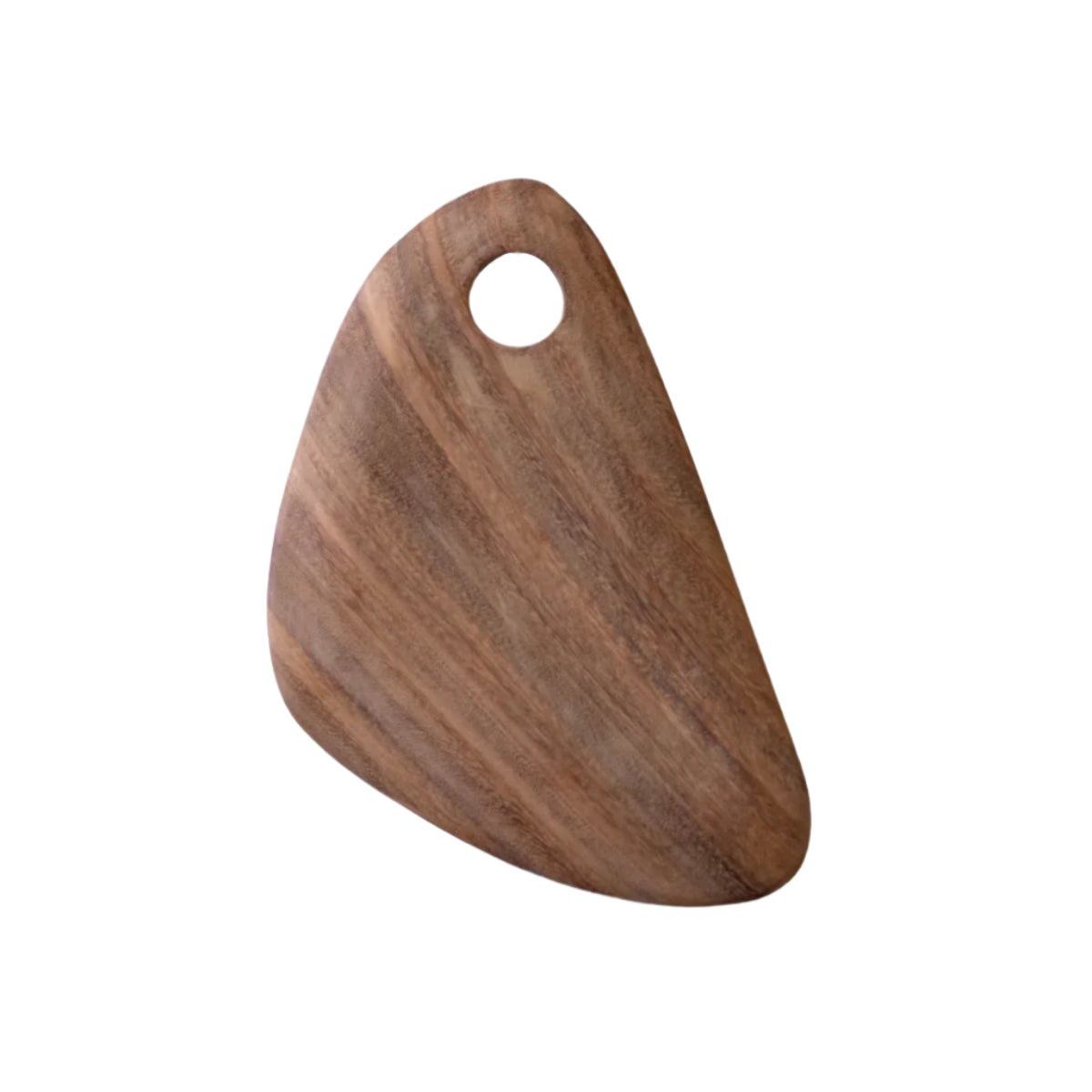 A hand-carved wooden cutting board with a smooth finish and a hole on one corner for hanging