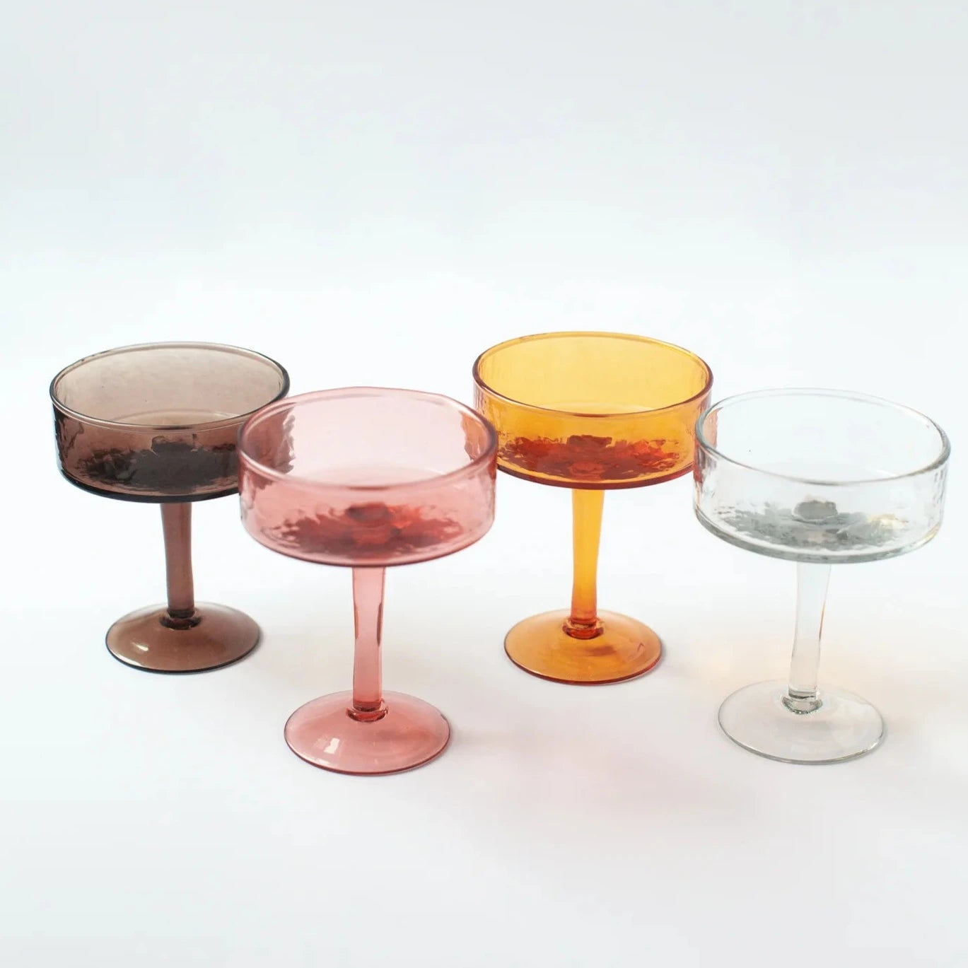 Handblown Hammered Coupe Amber Cocktail Glasses - Set of 4