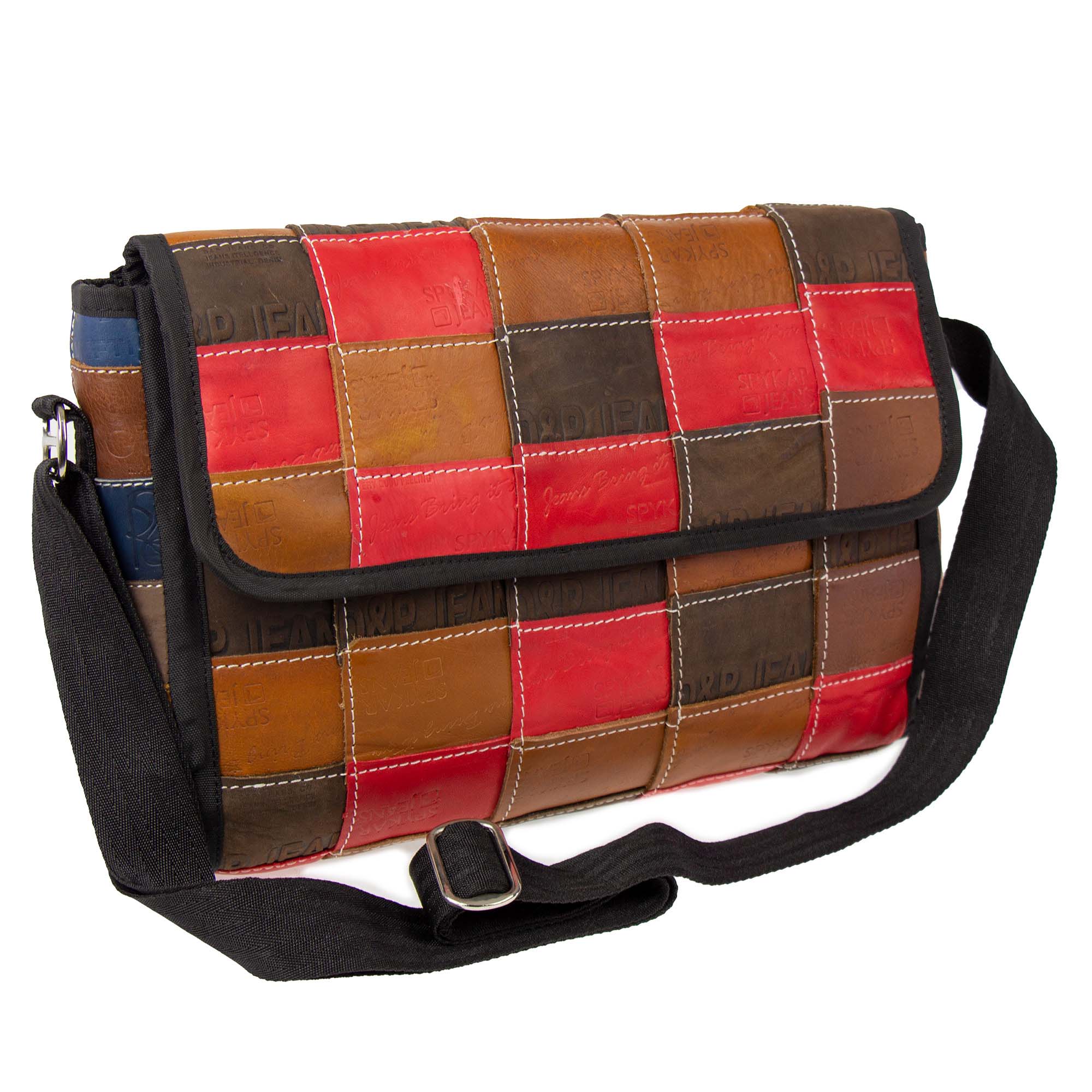 A crossbody bag with a patchwork design made from upcycled leather, featuring a black nylon strap and interior pockets, in brown, red, and blue colors.