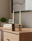 Striped Marble & Acacia Candleholder