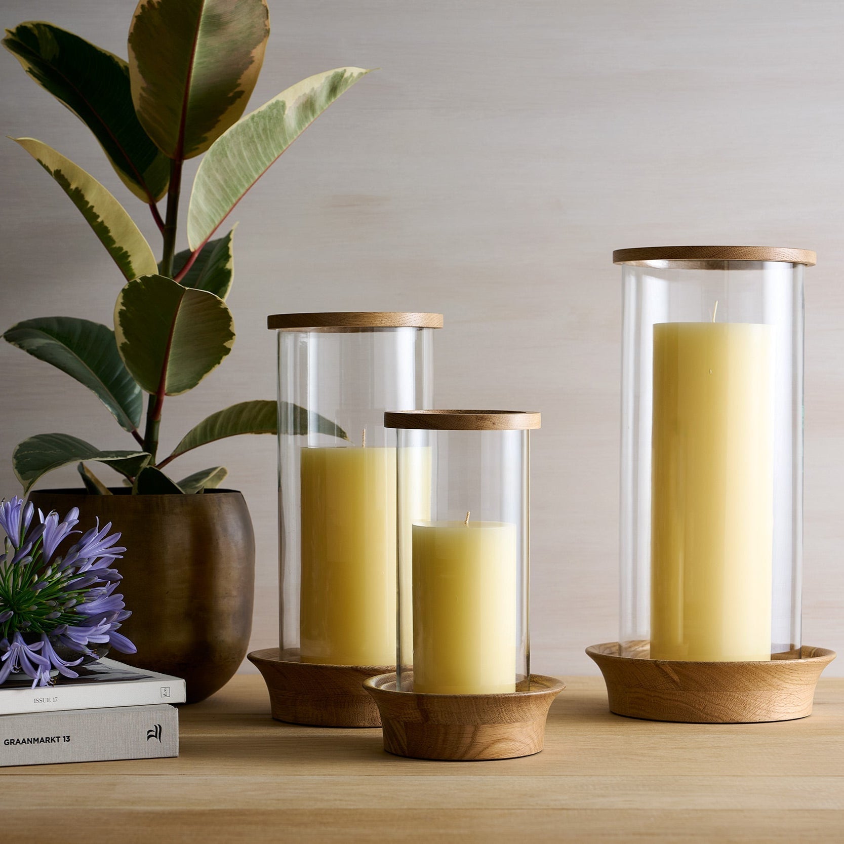 Three glass candle holders with wooden bases on a table, one with a plant and books in the background.