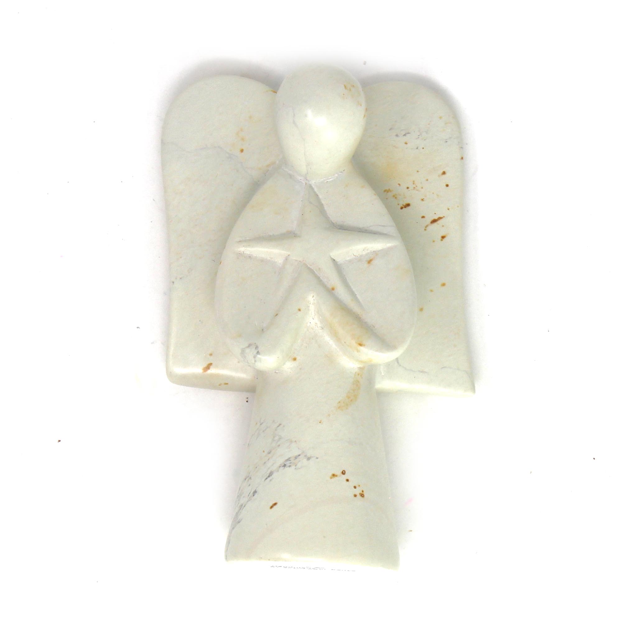 Hand-carved soapstone sculpture of an angel holding a star, with variations in color from cream to pink to gray to gold