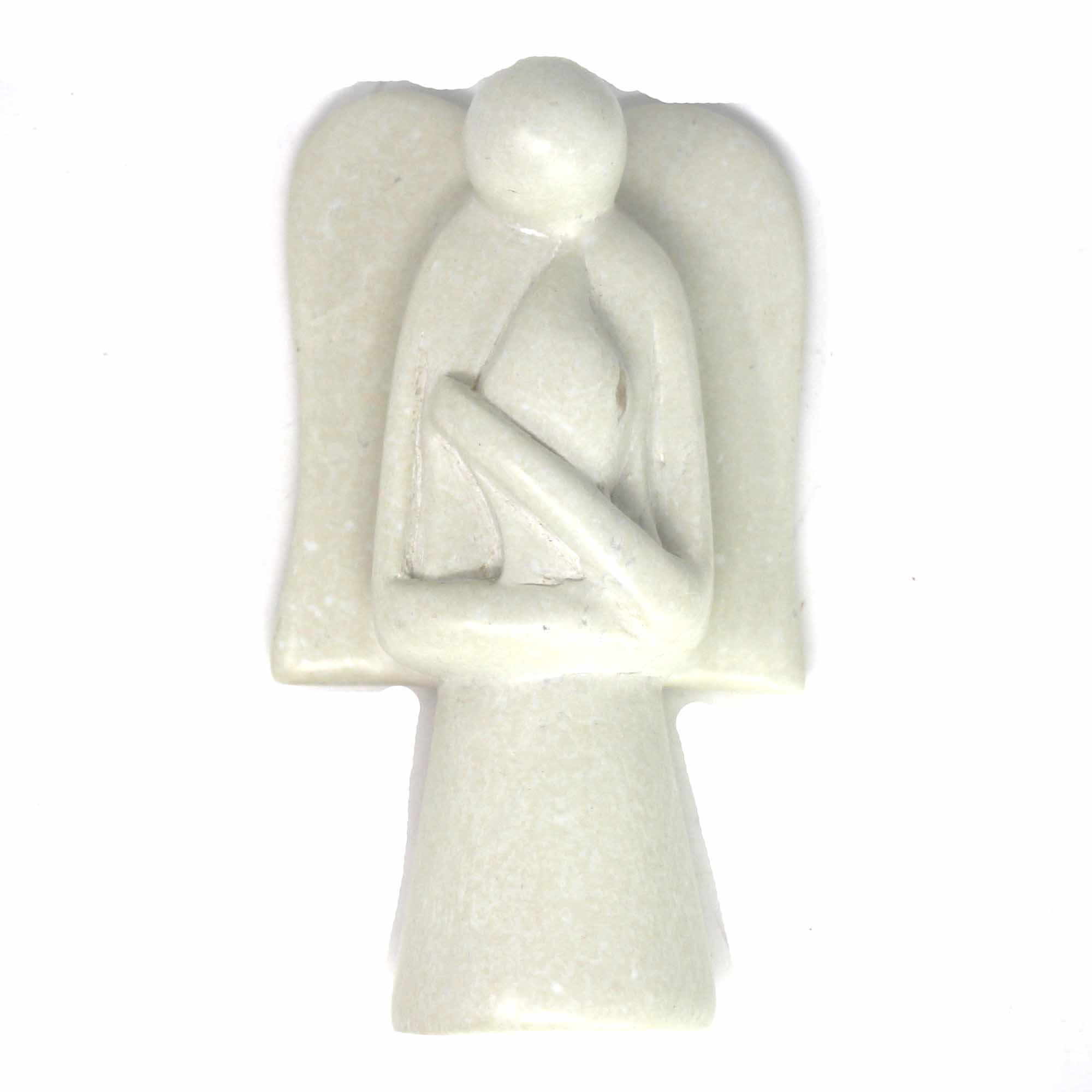 A hand-carved soapstone sculpture of an angel holding a eternal flame, with variations in color from cream to pink to gray to earthy gold