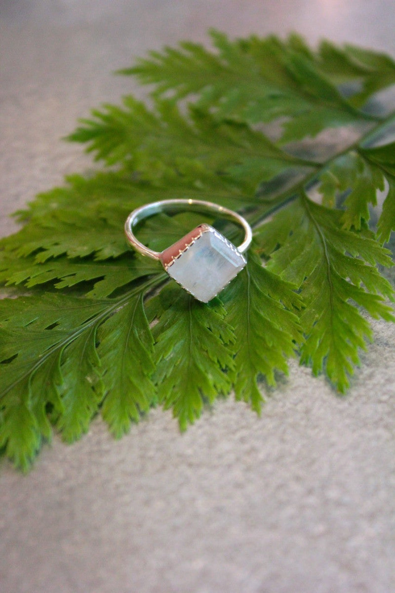 A ring made from .925 sterling silver and semi-precious moonstone on a leaf.