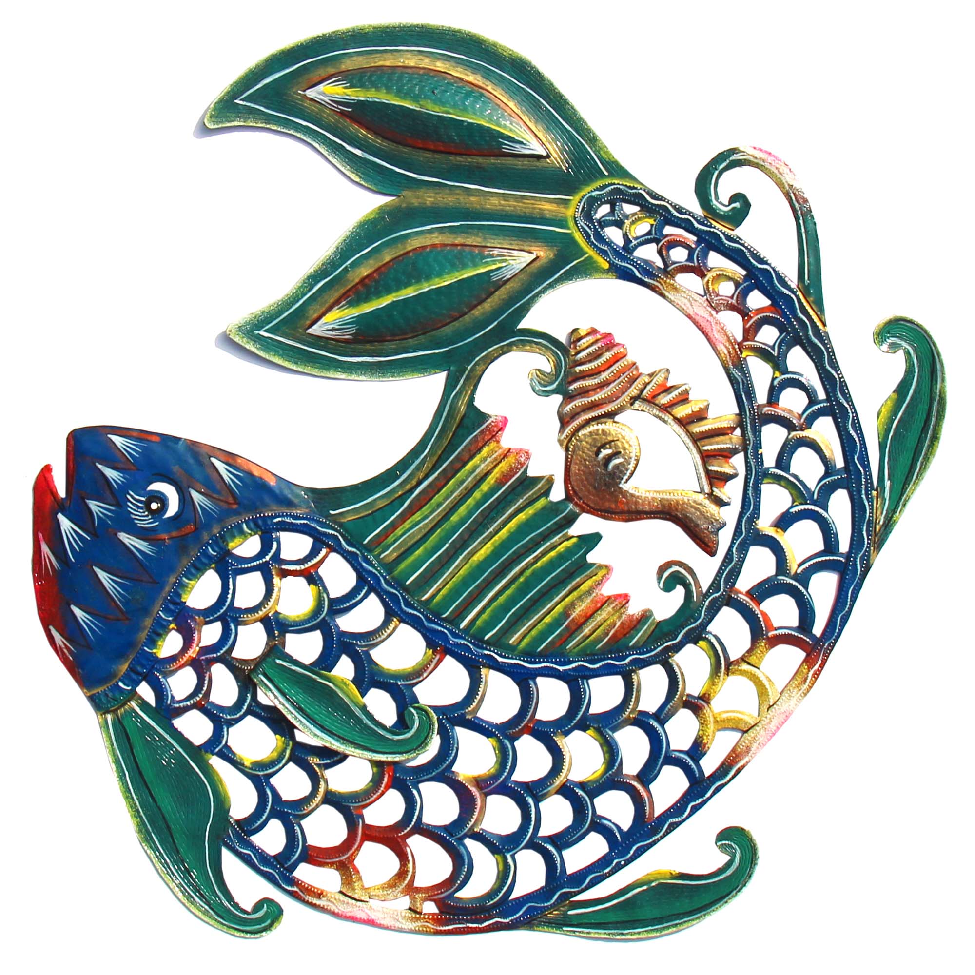 A colorful painted metal wall art depicting a fish with shell-like patterns, crafted from recycled steel drums