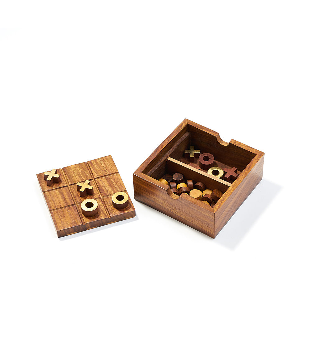The inside of a wooden 2-in-1 game set featuring Checkers and Tic Tac Toe on a reversible board with game pieces stored inside the compartments.