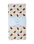 Pack of cotton tea towels with watermelon and sunflower pattern on a white background