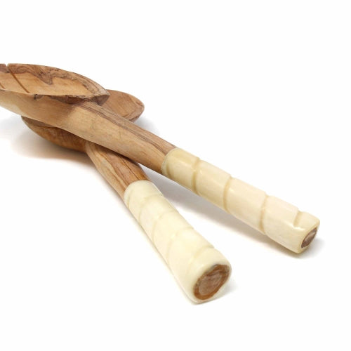 Olive Wood Salad Servers with Bone Handles - White with Etching Design