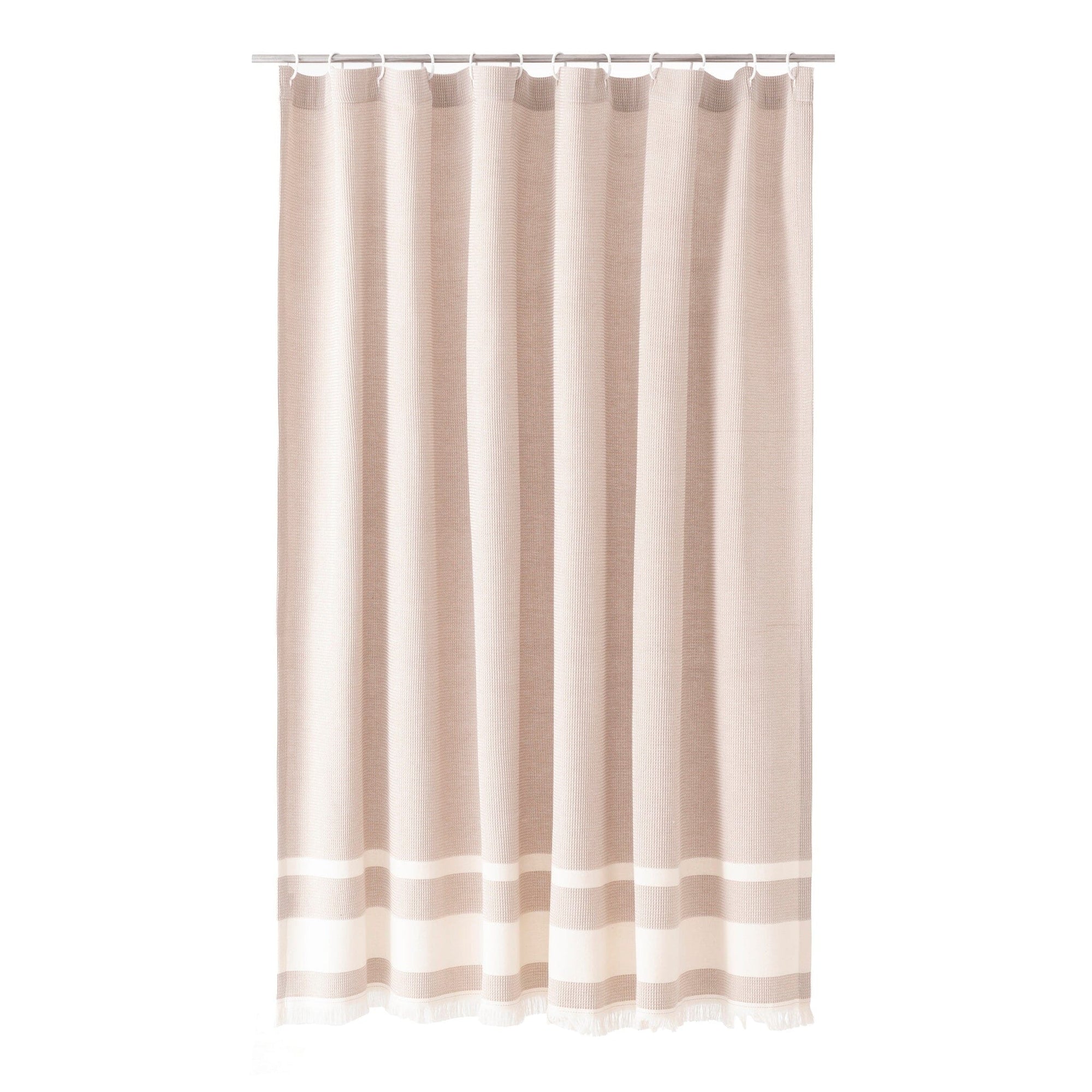 Beige curtain with white stripes on a white background