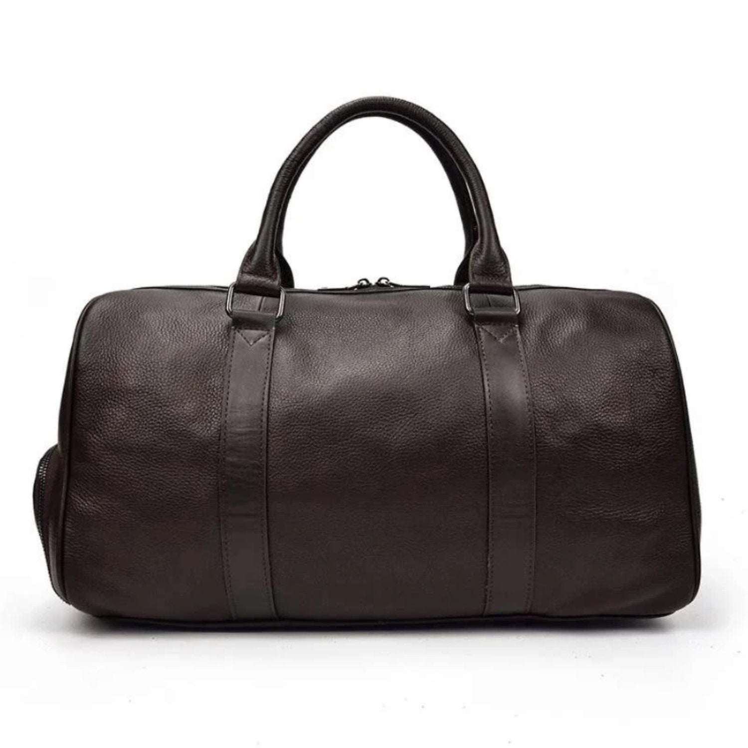 A brown leather weekender with a leather handle and visible stitching details.