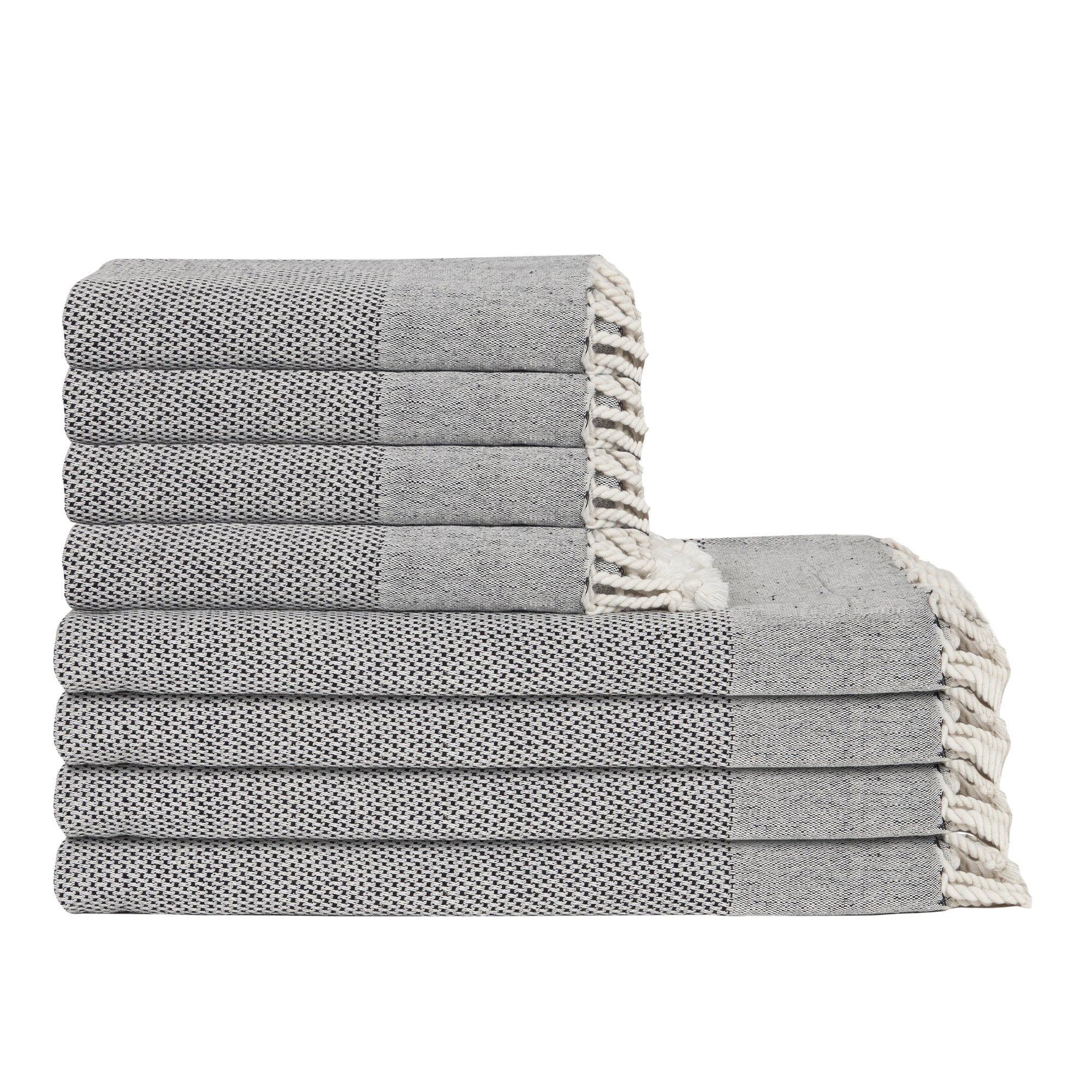Stack of gray towels with white trim on a white background