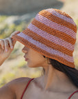 Crocheted Hibiscus Pink Red Stripe Bucket Hat