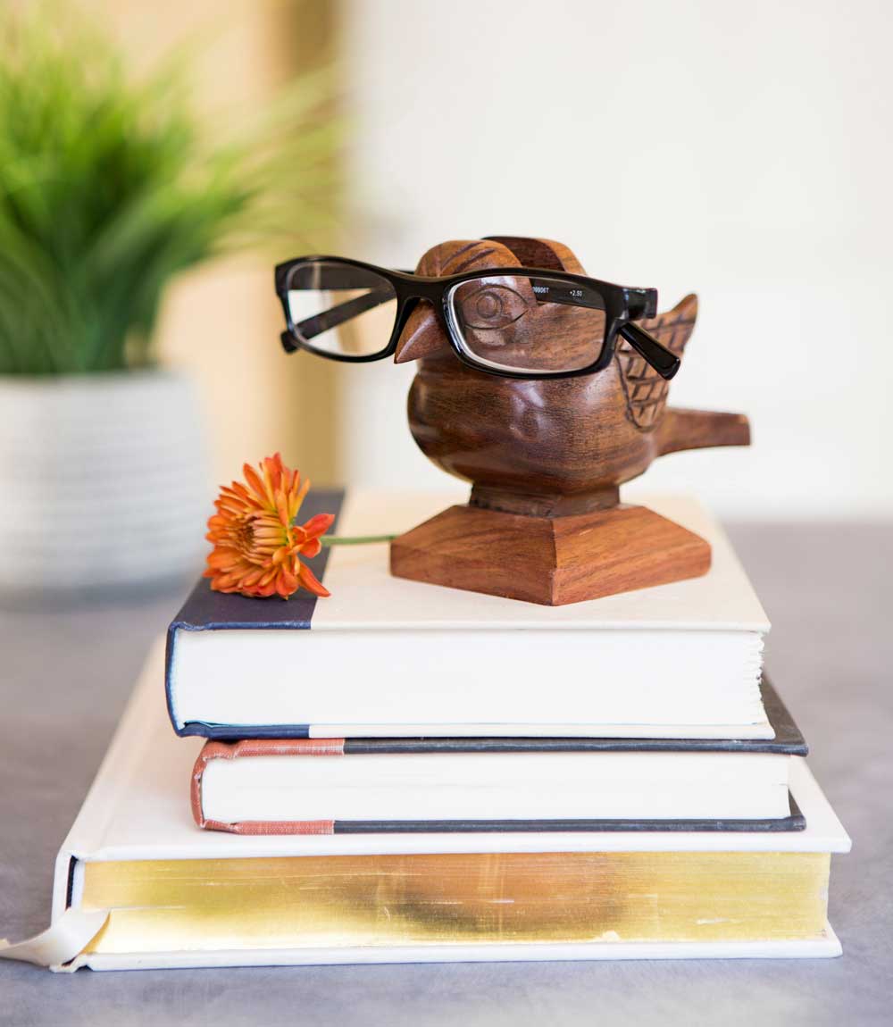 A handcarved Indian rosewood glasses stand shaped like a bird perched on a base on top of a set of books
