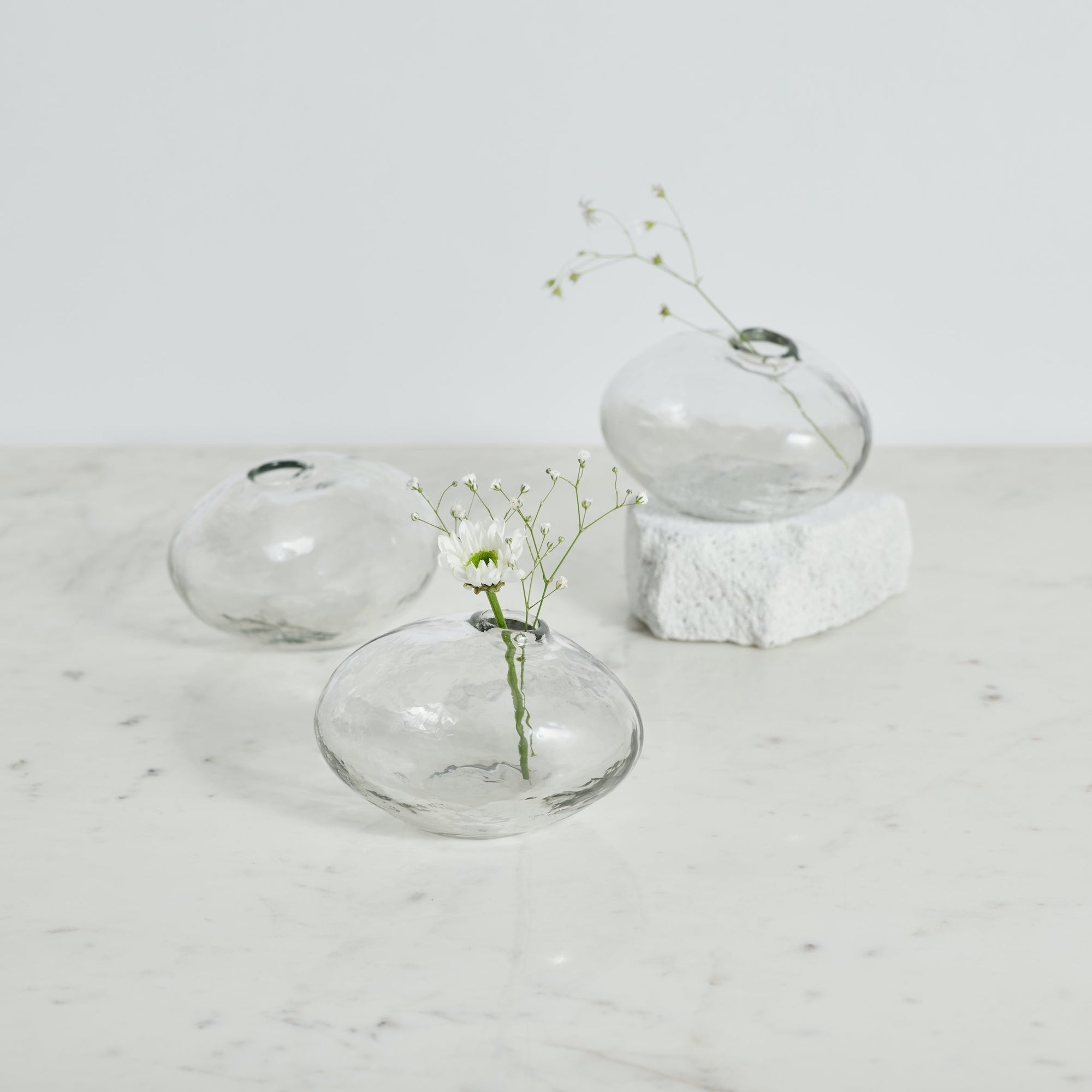 Three clear glass vases with small plants on a marble surface