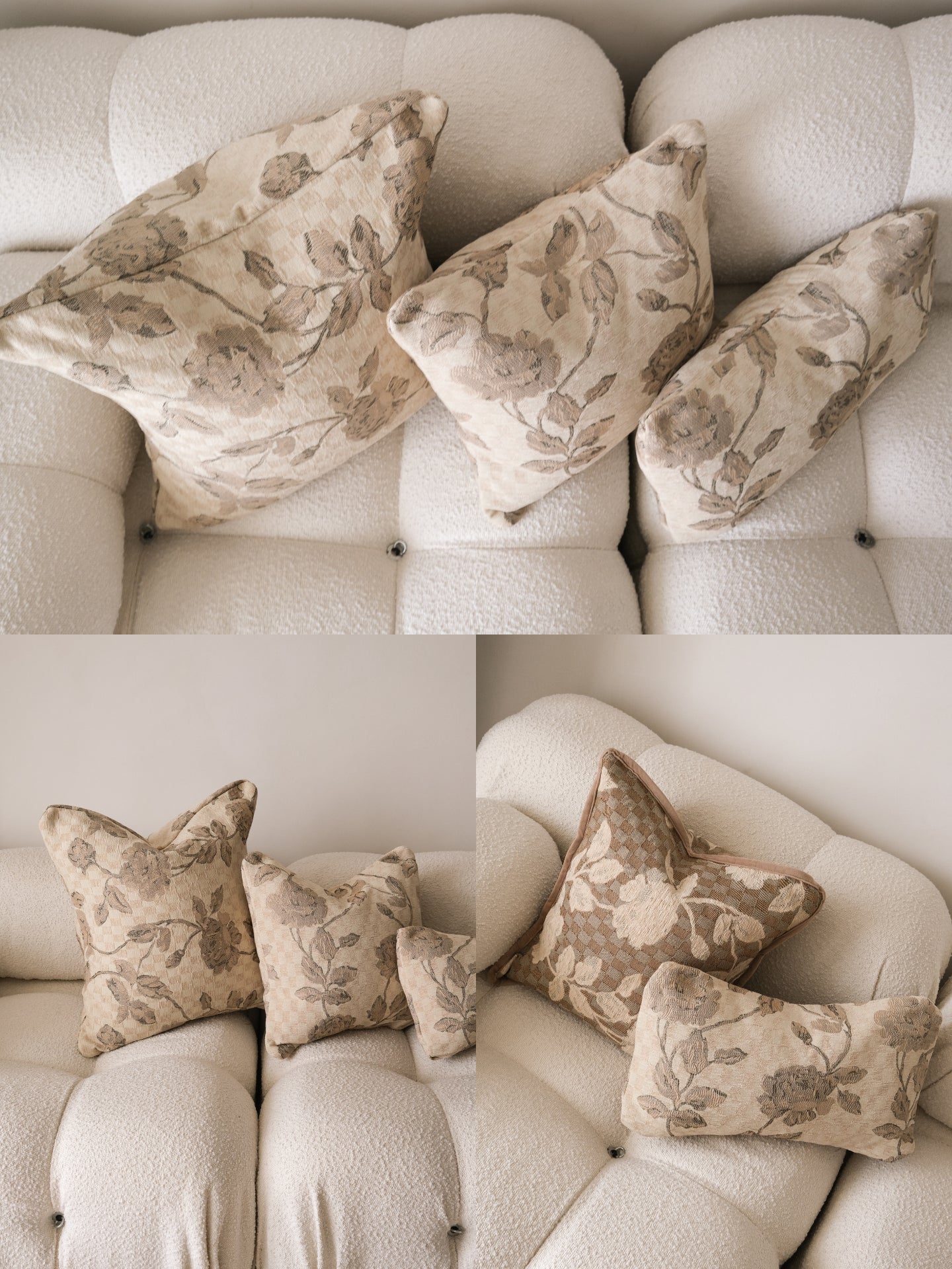 Floral-patterned pillows on a beige sofa with a collage effect