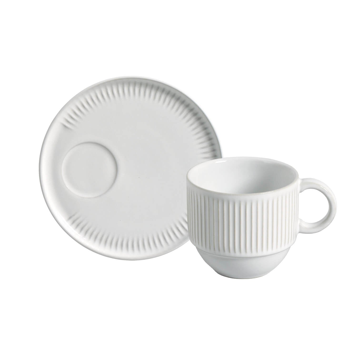 White ceramic cup and saucer set on a white background