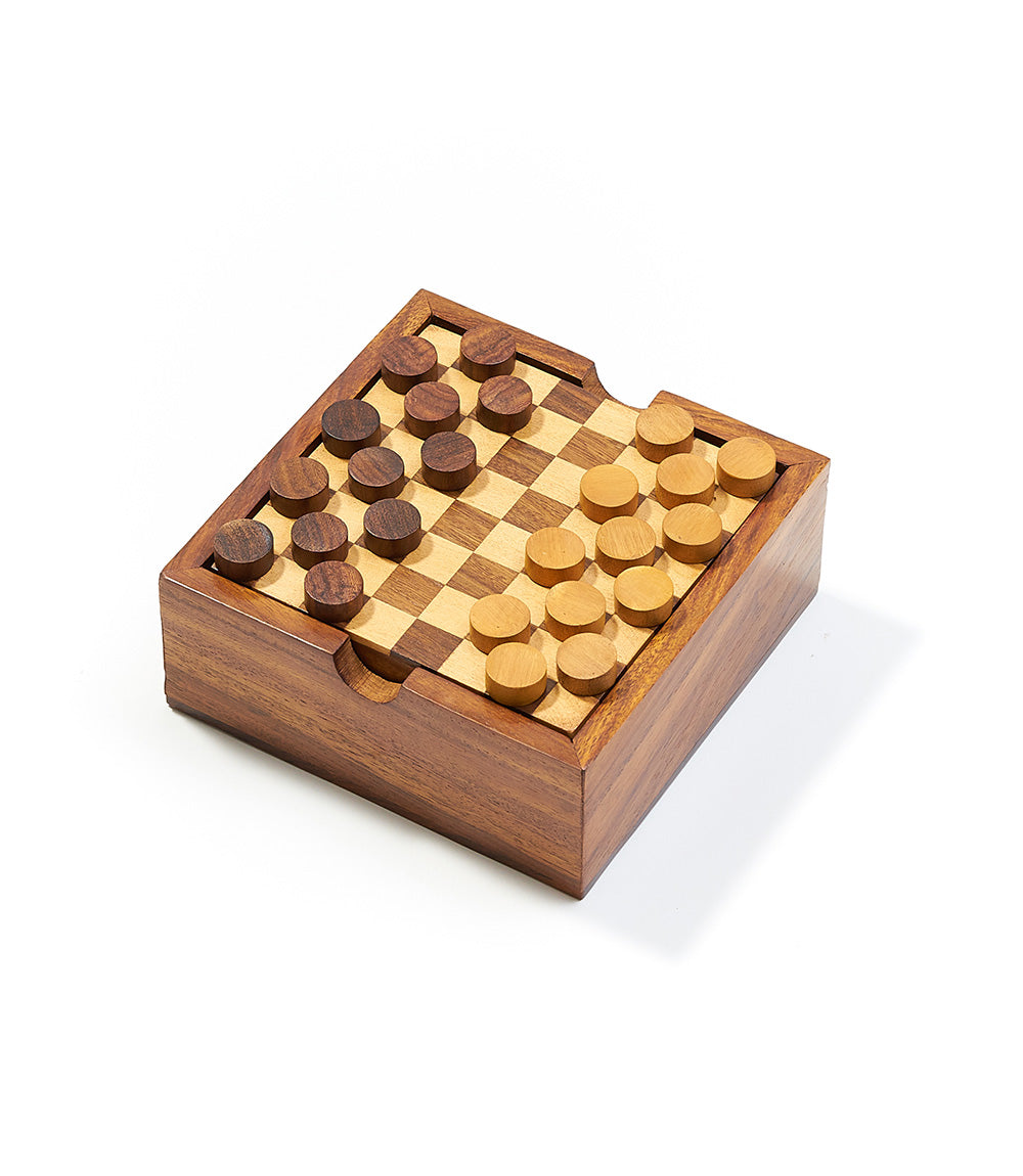 A wooden 2-in-1 game set featuring Checkers and Tic Tac Toe on a reversible board with game pieces stored inside the compartments.