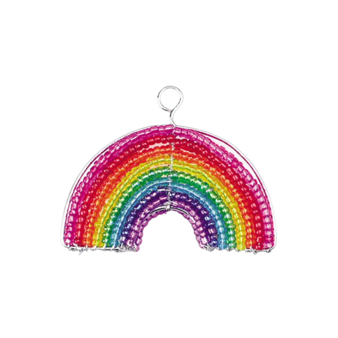 Rainbow-shaped glass beads with a keychain hook on a white background
