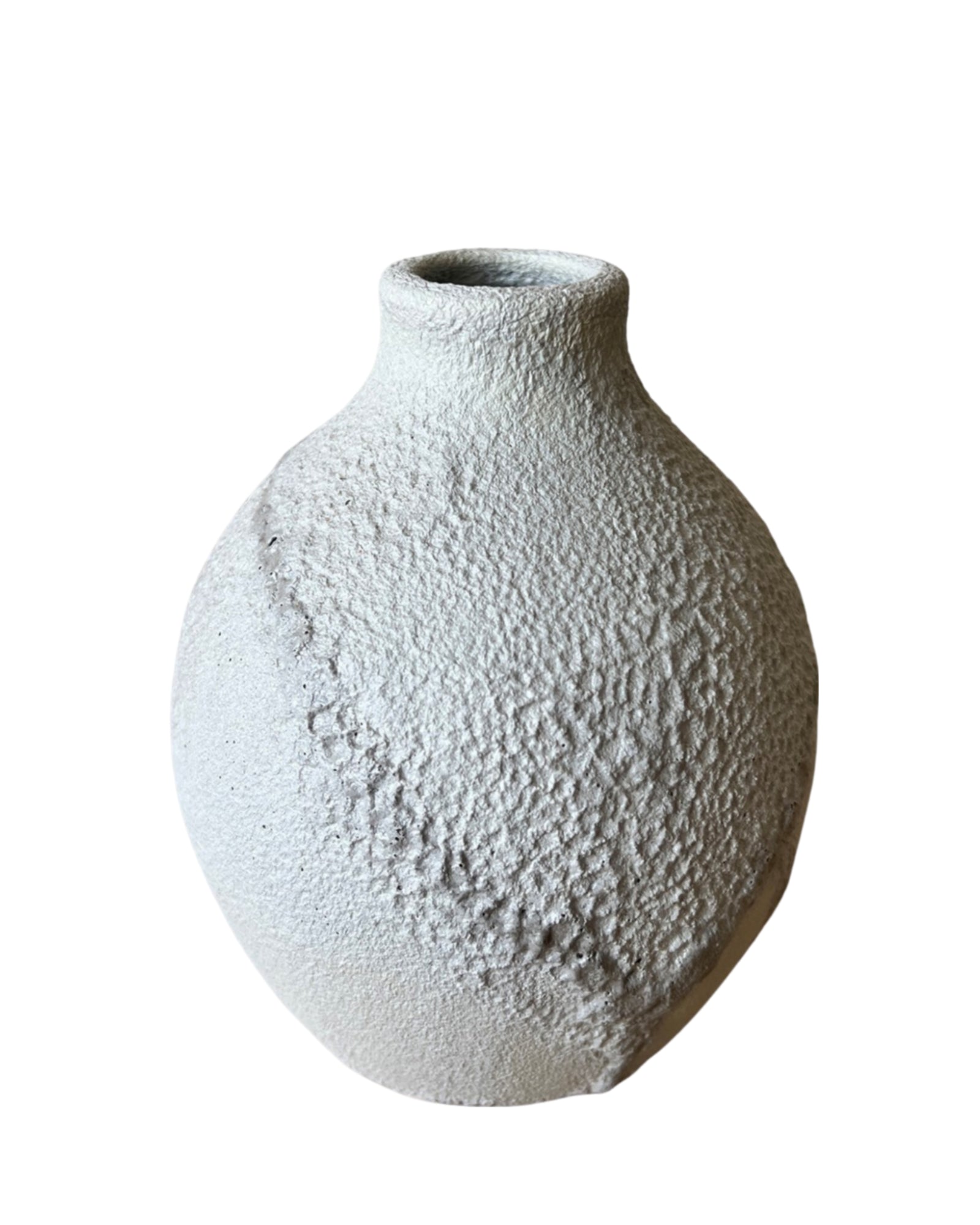 Textured white ceramic vase on a white background