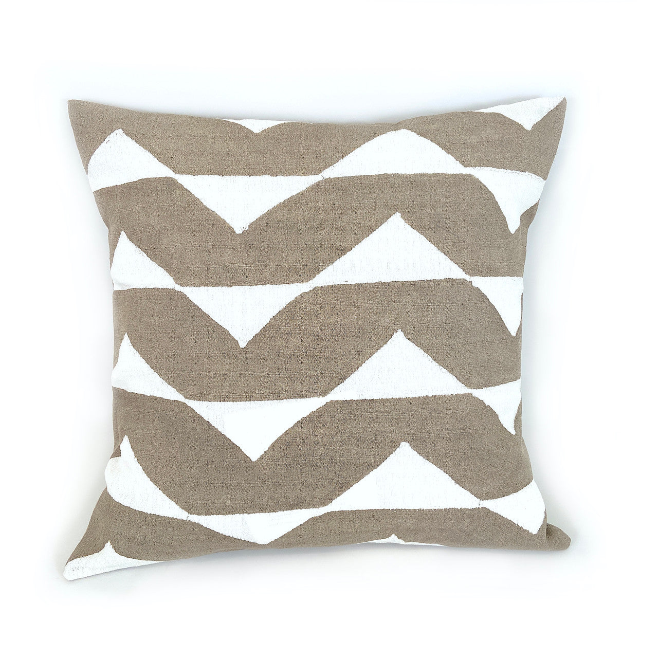 Decorative pillow with beige and white chevron pattern on a white background